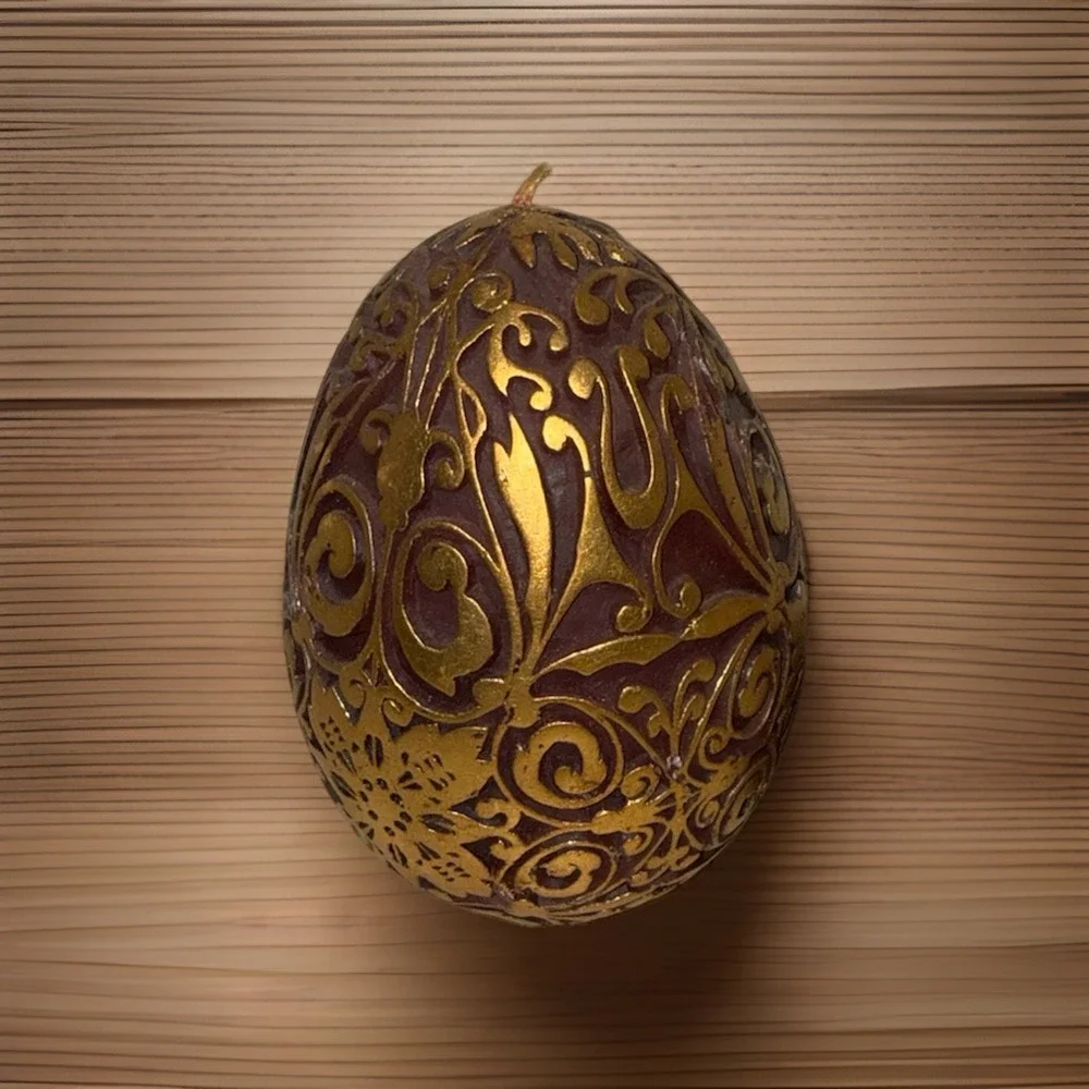 Large‎ Burgundy and Gold Easter Egg Candle with Stand Never Been Lit
